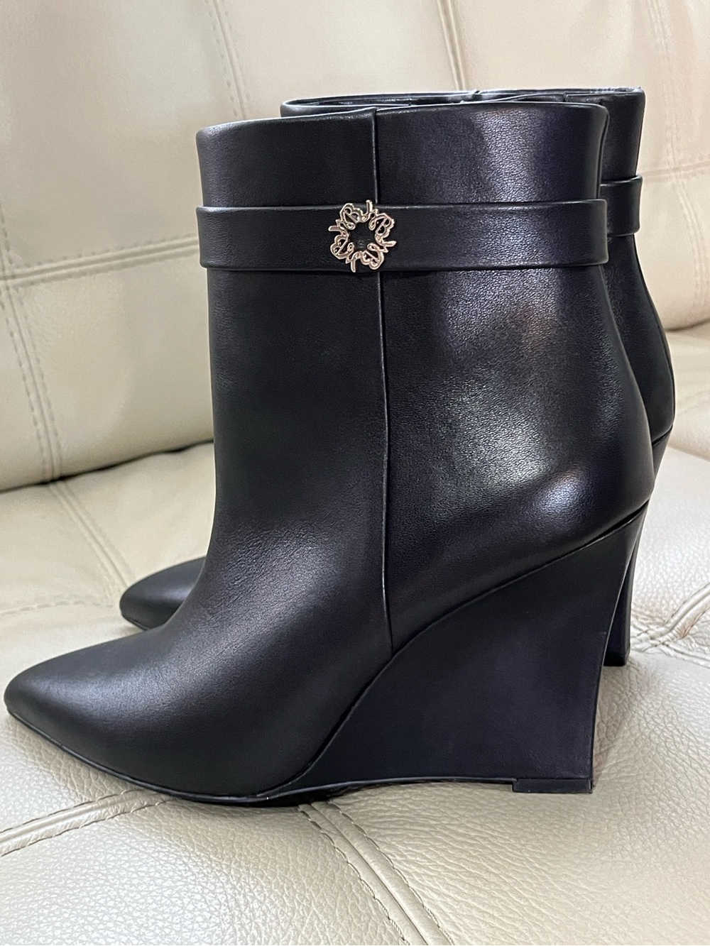 White House Black Market Black Pointed Wedge Ankle Boots with Decorative Strap
